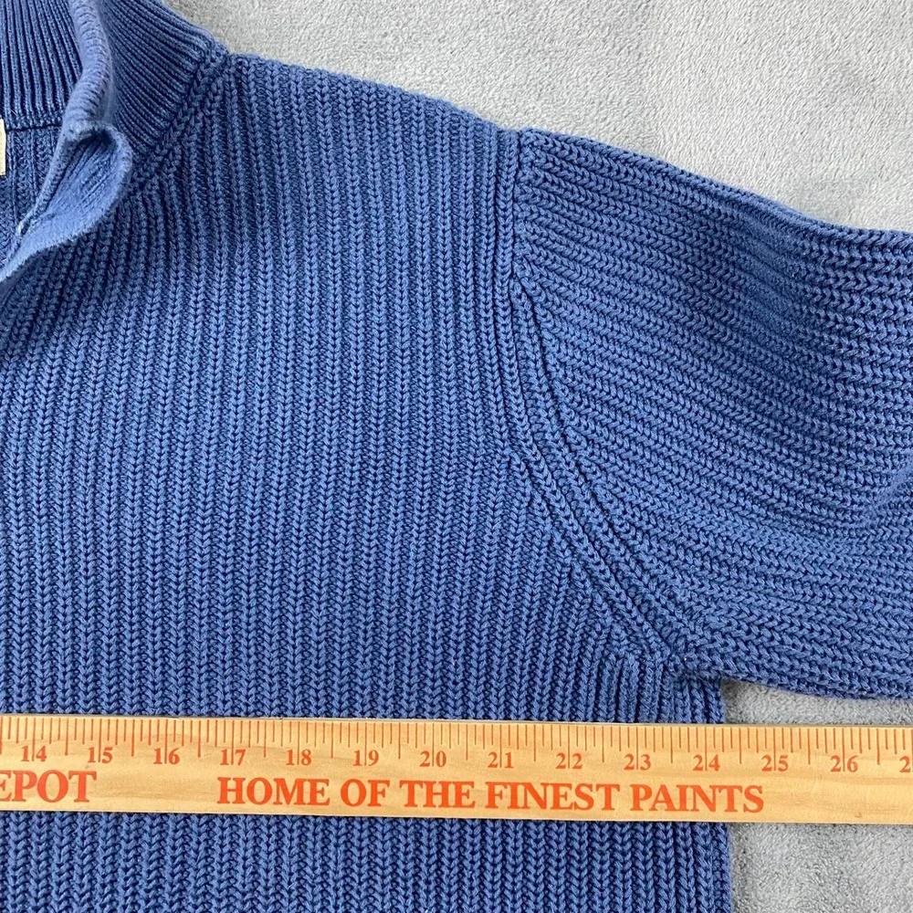Vtg LL Bean Mens L Sweater Blue Cotton Shaker Stitch Mock Neck Quarter Button